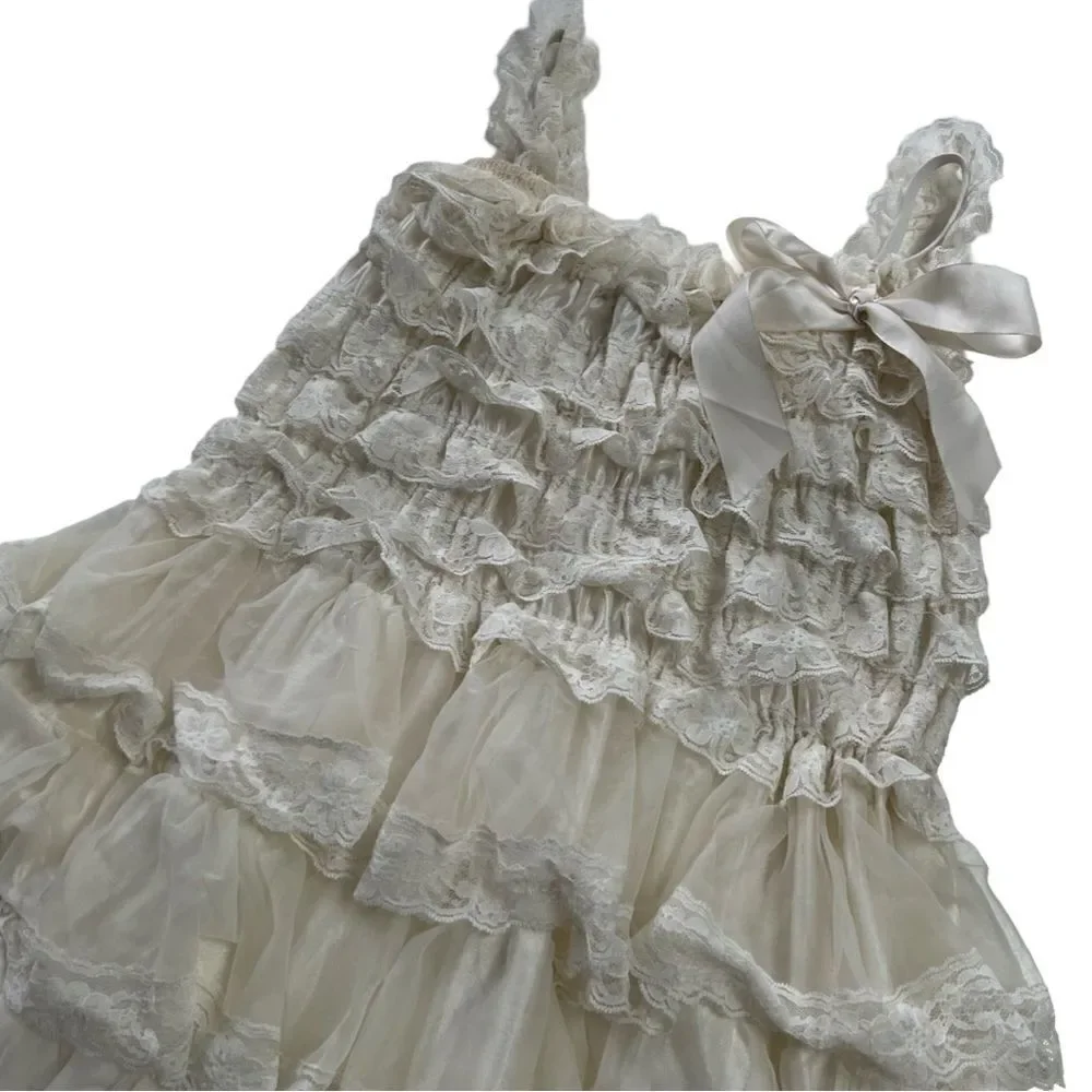 Girls Vintage 1990s Cream Tiered Lace Cottagecore Dress